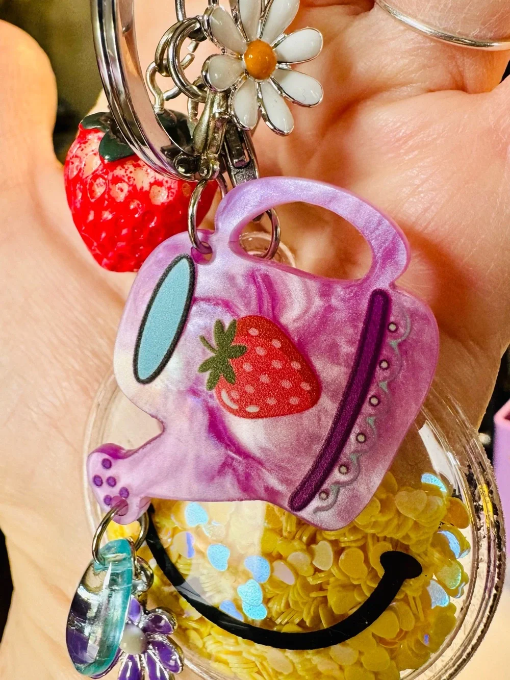 Purple Strawberry Watering Can Keychain for Kids with Smiley and Daisy Charms
